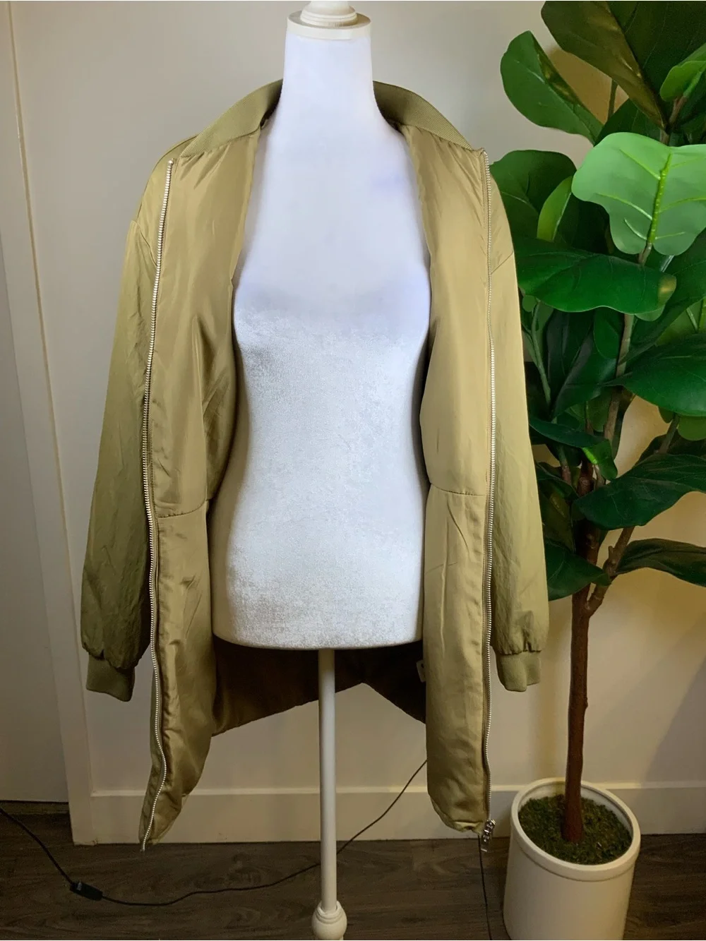 Zara Olive Green Long Bomber Jacket
